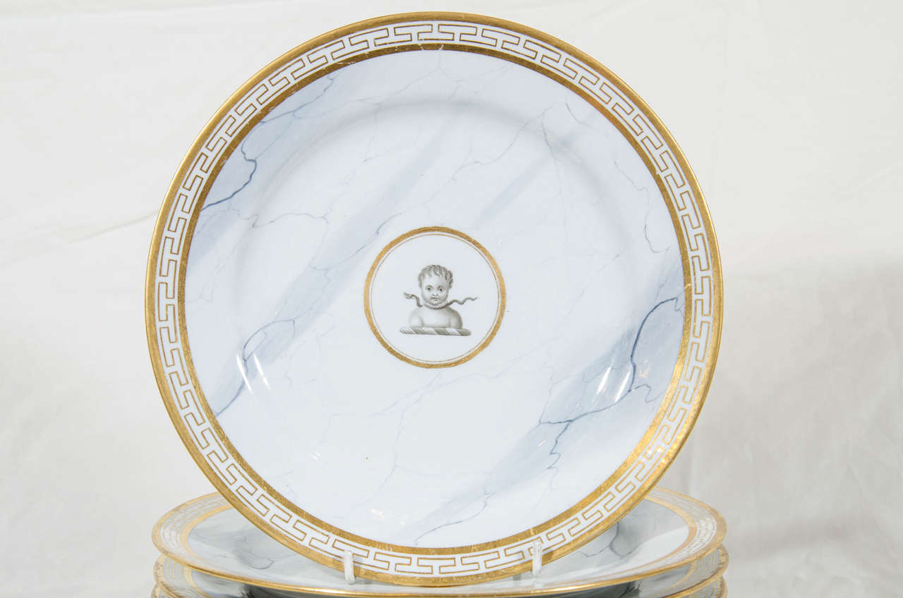 11 BFB Worcester Armorial Dishes with Marbleized Ground and Greek Key Border In Excellent Condition In Katonah, NY