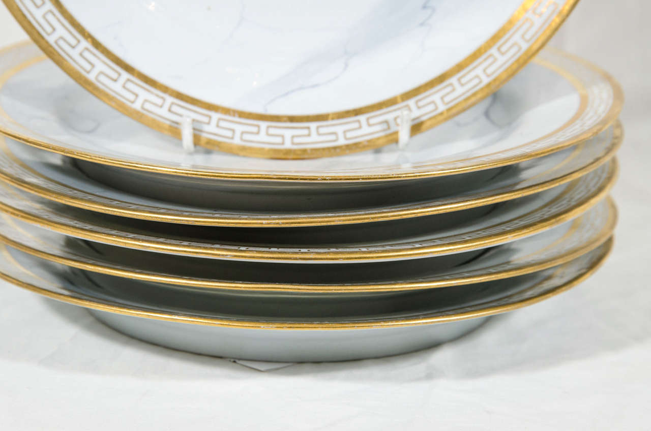 Early 19th Century 11 BFB Worcester Armorial Dishes with Marbleized Ground and Greek Key Border