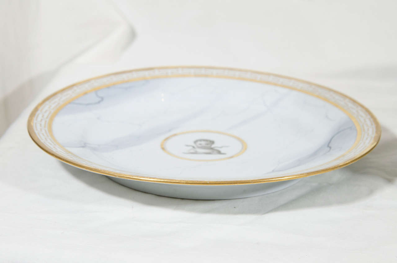 Porcelain 11 BFB Worcester Armorial Dishes with Marbleized Ground and Greek Key Border