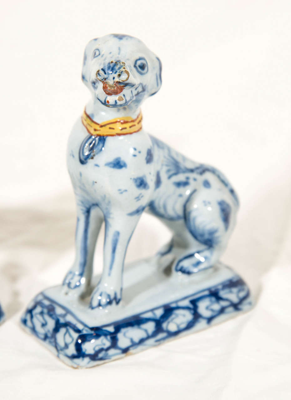 Mid-18th Century Pair of 18th Century Dutch Delft Blue and White Dogs with Polychrome Collars