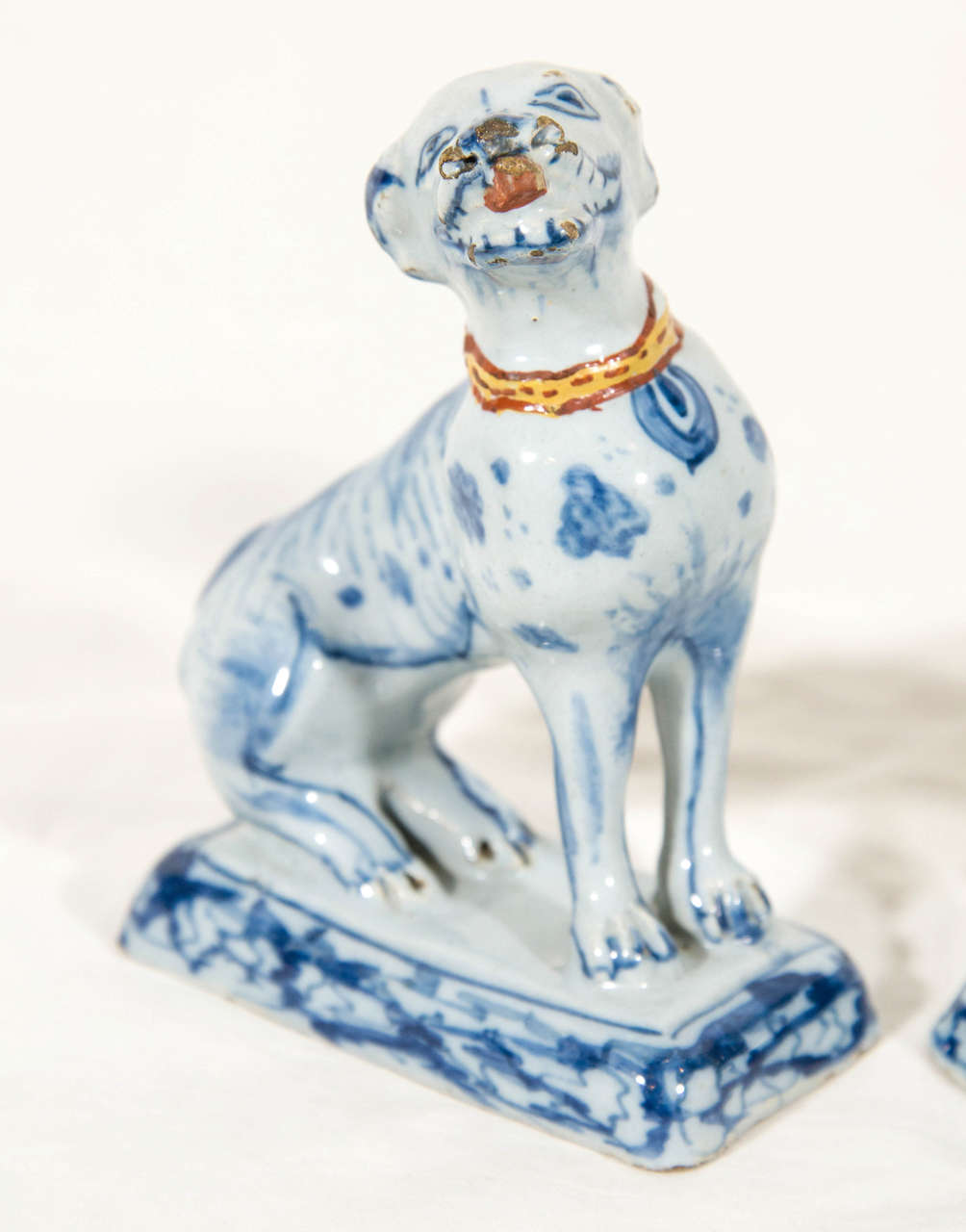Pair of 18th Century Dutch Delft Blue and White Dogs with Polychrome Collars 1
