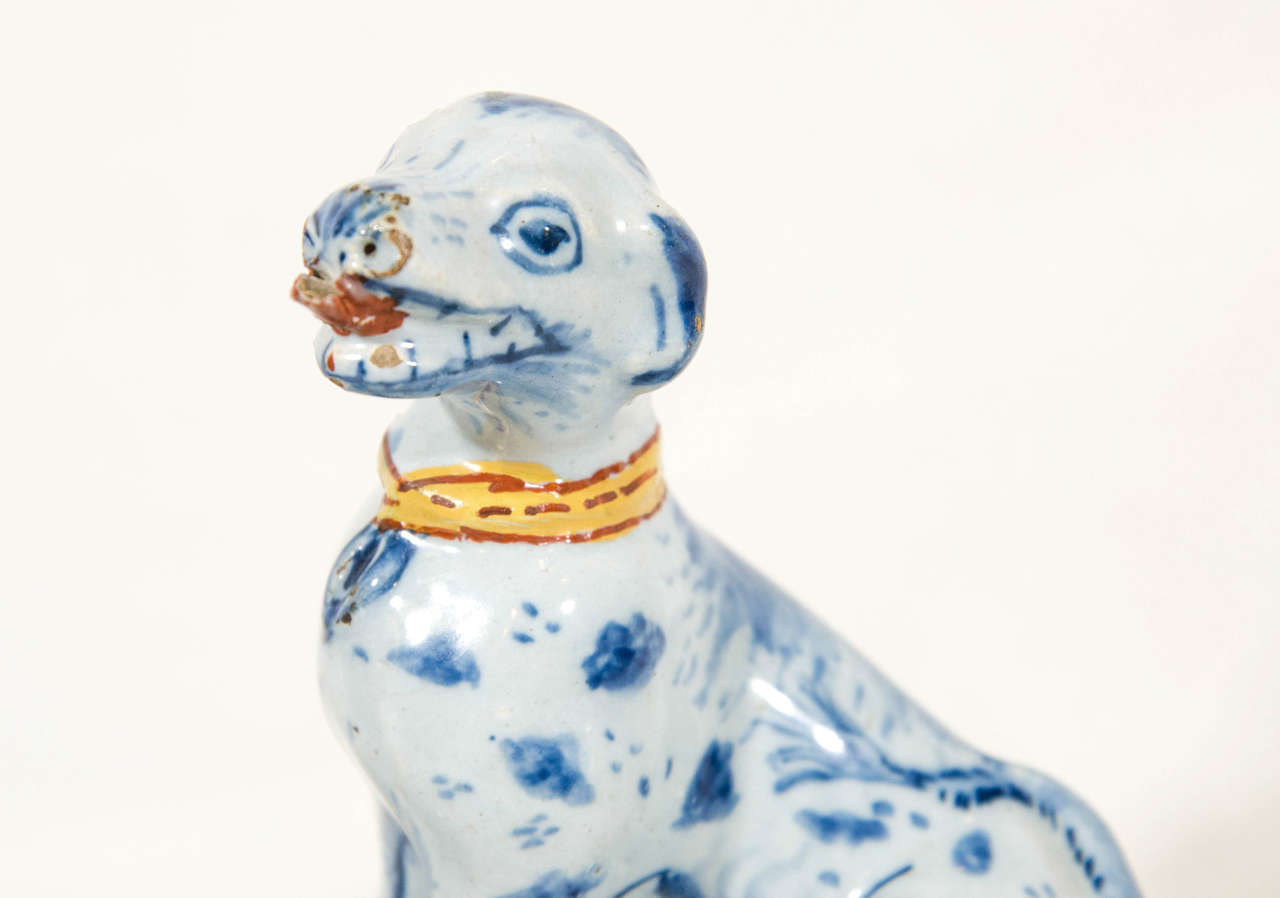 Pair of 18th Century Dutch Delft Blue and White Dogs with Polychrome Collars In Excellent Condition In Katonah, NY
