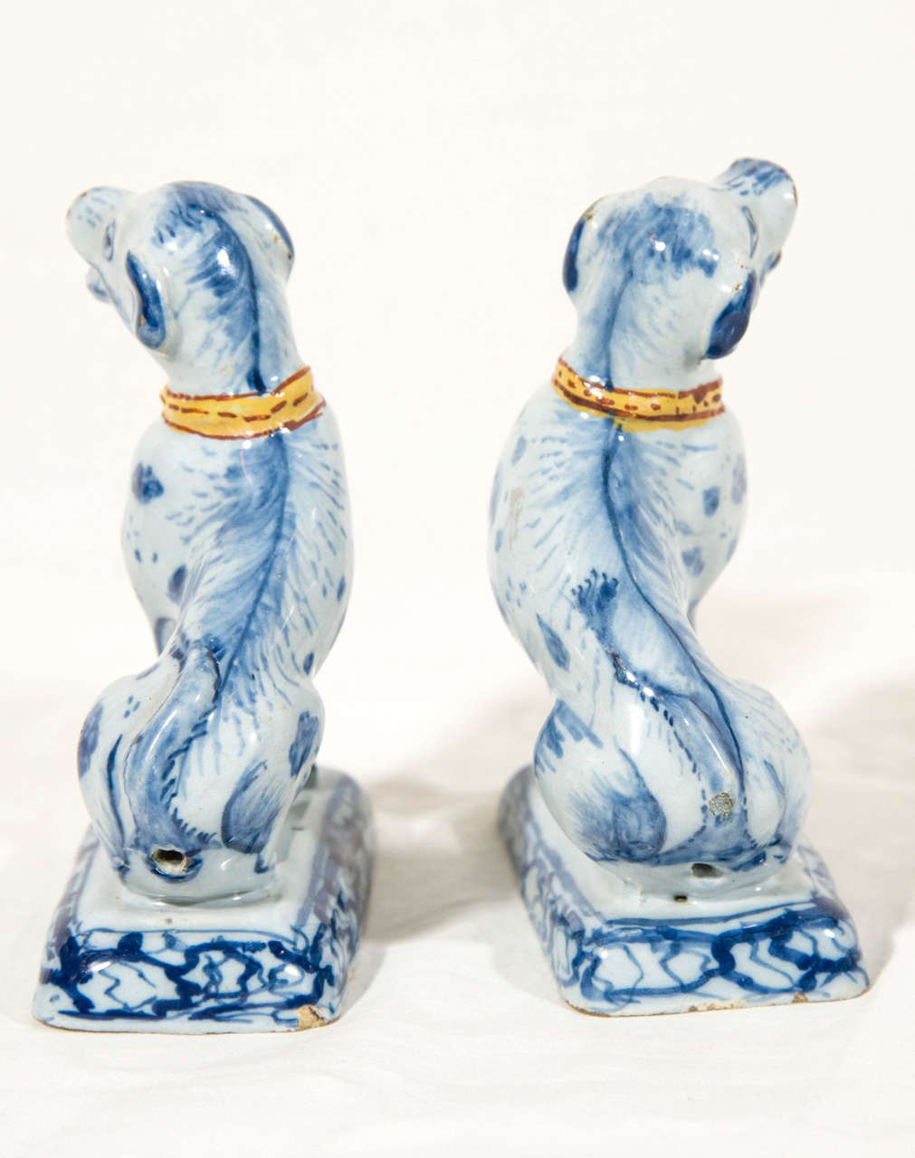 Pair of 18th Century Dutch Delft Blue and White Dogs with Polychrome Collars 2