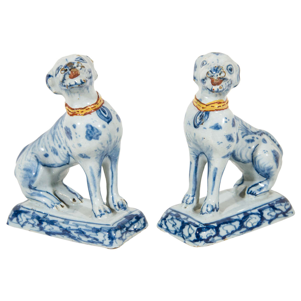 Pair of 18th Century Dutch Delft Blue and White Dogs with Polychrome Collars