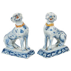 Pair of 18th Century Dutch Delft Blue and White Dogs with Polychrome Collars