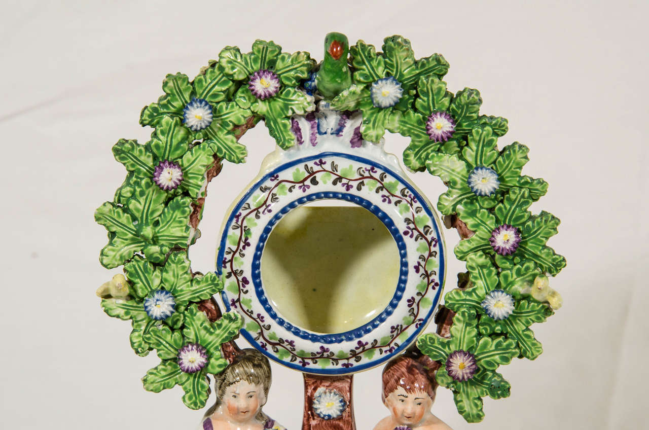 Glazed Antique Staffordshire Pottery Watch Stand with Figures of Children