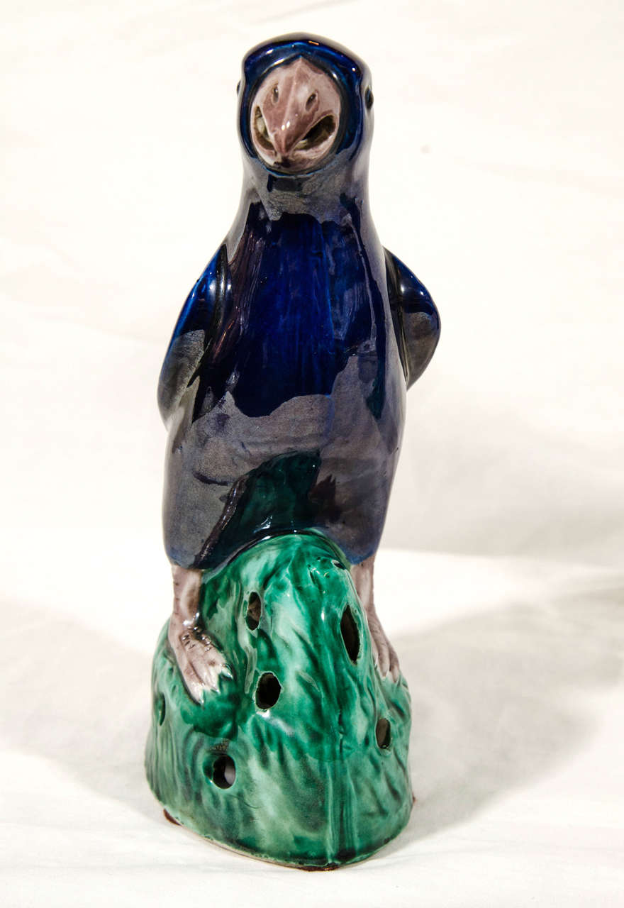 Stoneware Pair of 19th Century Chinese Parrots with Cobalt Blue Glaze