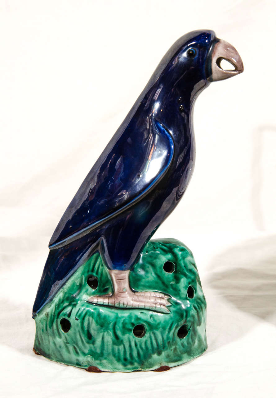 Pair of 19th Century Chinese Parrots with Cobalt Blue Glaze 2