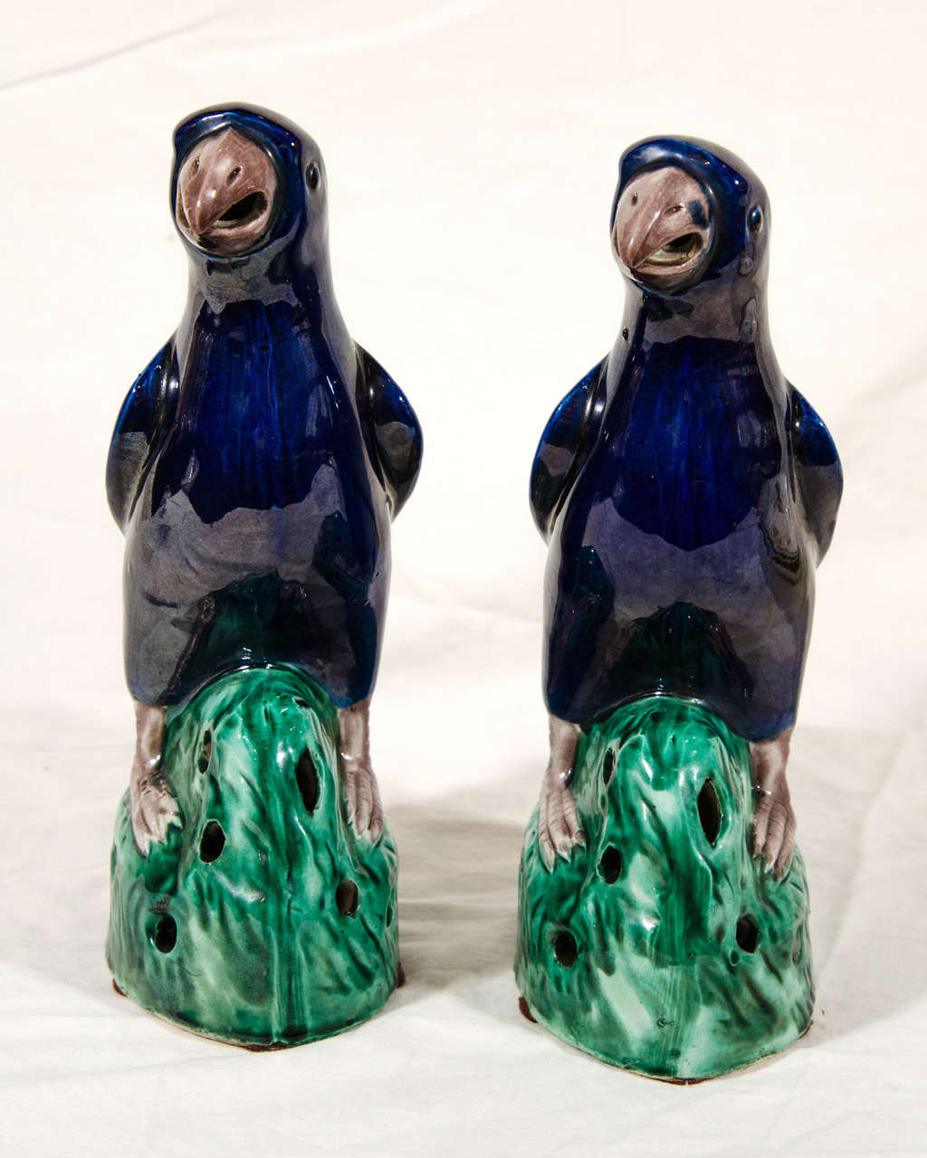 Glazed Pair of 19th Century Chinese Parrots with Cobalt Blue Glaze