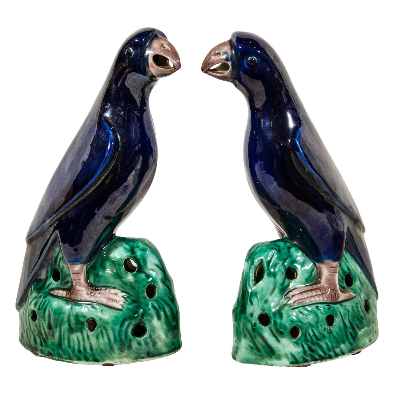 Pair of 19th Century Chinese Parrots with Cobalt Blue Glaze