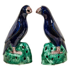 Antique Pair of 19th Century Chinese Parrots with Cobalt Blue Glaze