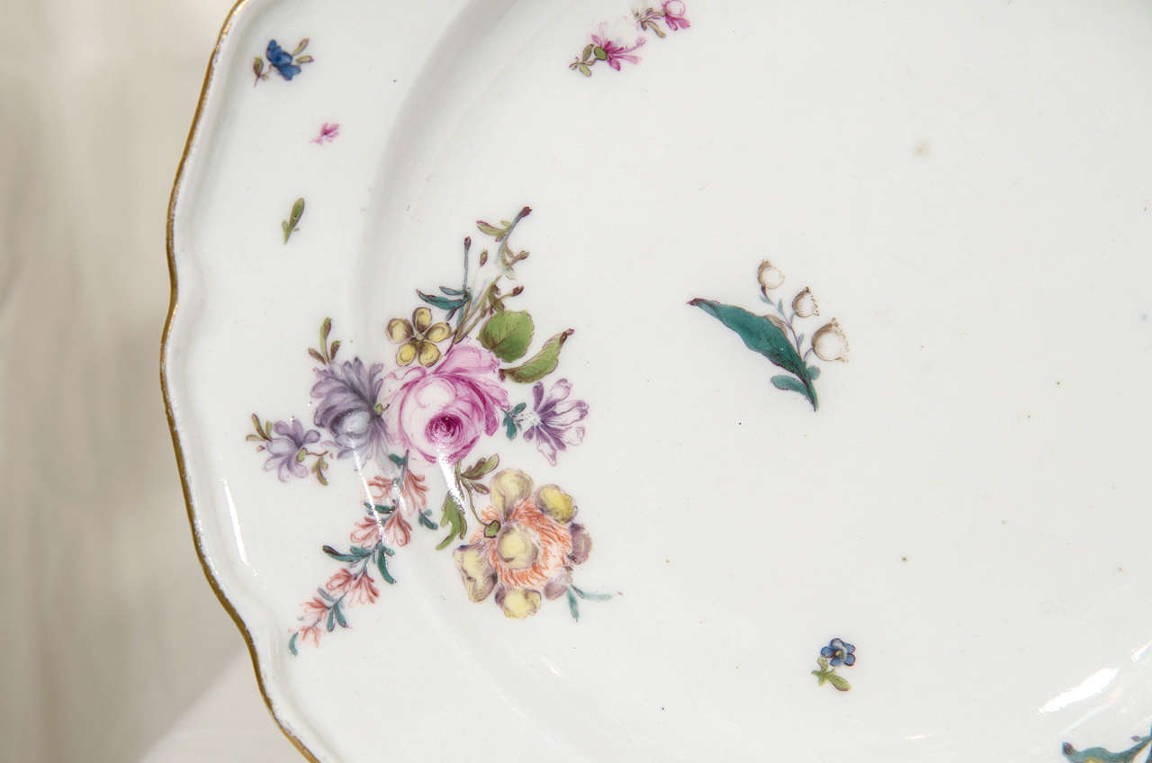 Three 18th century Meissen dishes with delicate deutsche blumen sprays of flowers naturalistically painted. Produced from about 1740 deutsche blumen first appeared on Meissen Porcelain. The flowers used to decorate the porcelain were at first copied