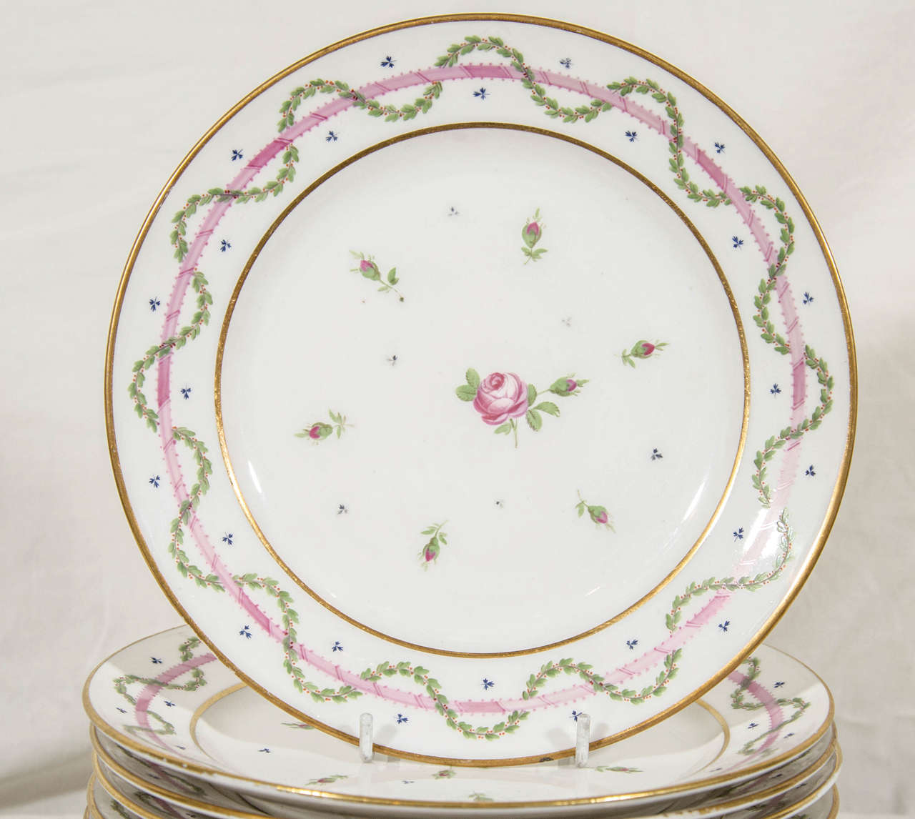 Neoclassical Ten Antique Lebon Halley Paris Porcelain Dishes with Pink Roses