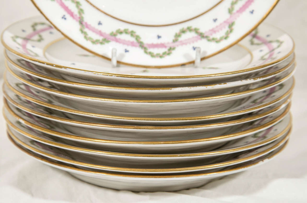 Glazed Ten Antique Lebon Halley Paris Porcelain Dishes with Pink Roses
