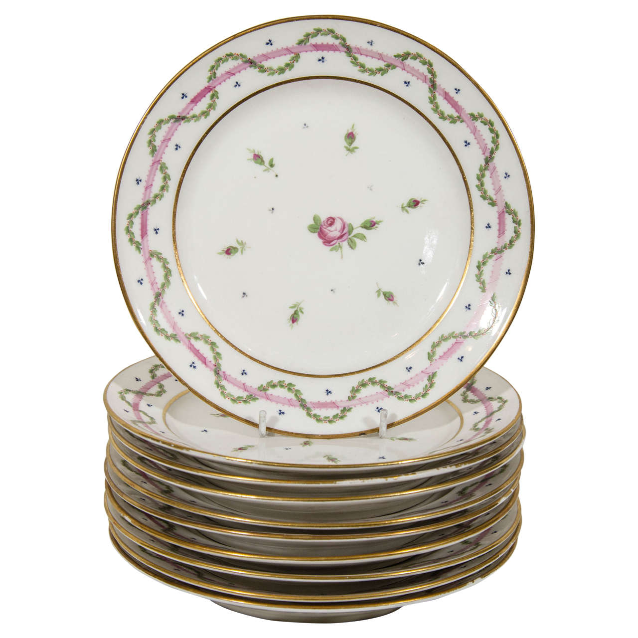 Ten Antique Lebon Halley Paris Porcelain Dishes with Pink Roses
