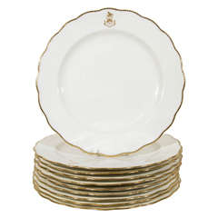 Set of 12 White and Gold Armorial Dinner Dishes with the Motto: Toujours Fidele