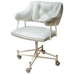 Mid-Century White Leather Desk Chair on Castors