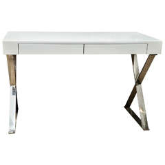 Mid-Century White Lacquer Desk with Chrome X-Base