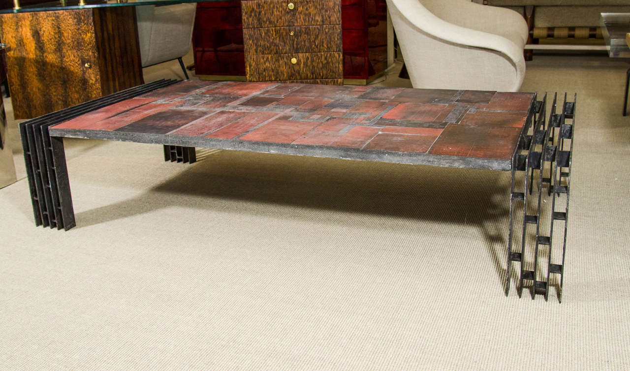 Pia Manu Cocktail Table in Red, Black, and Orange Stone Tiles on Steel Base