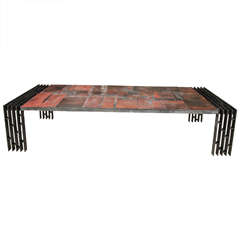 Pia Manu Cocktail Table in Red, Black, and Orange Stone Tiles on Steel Base
