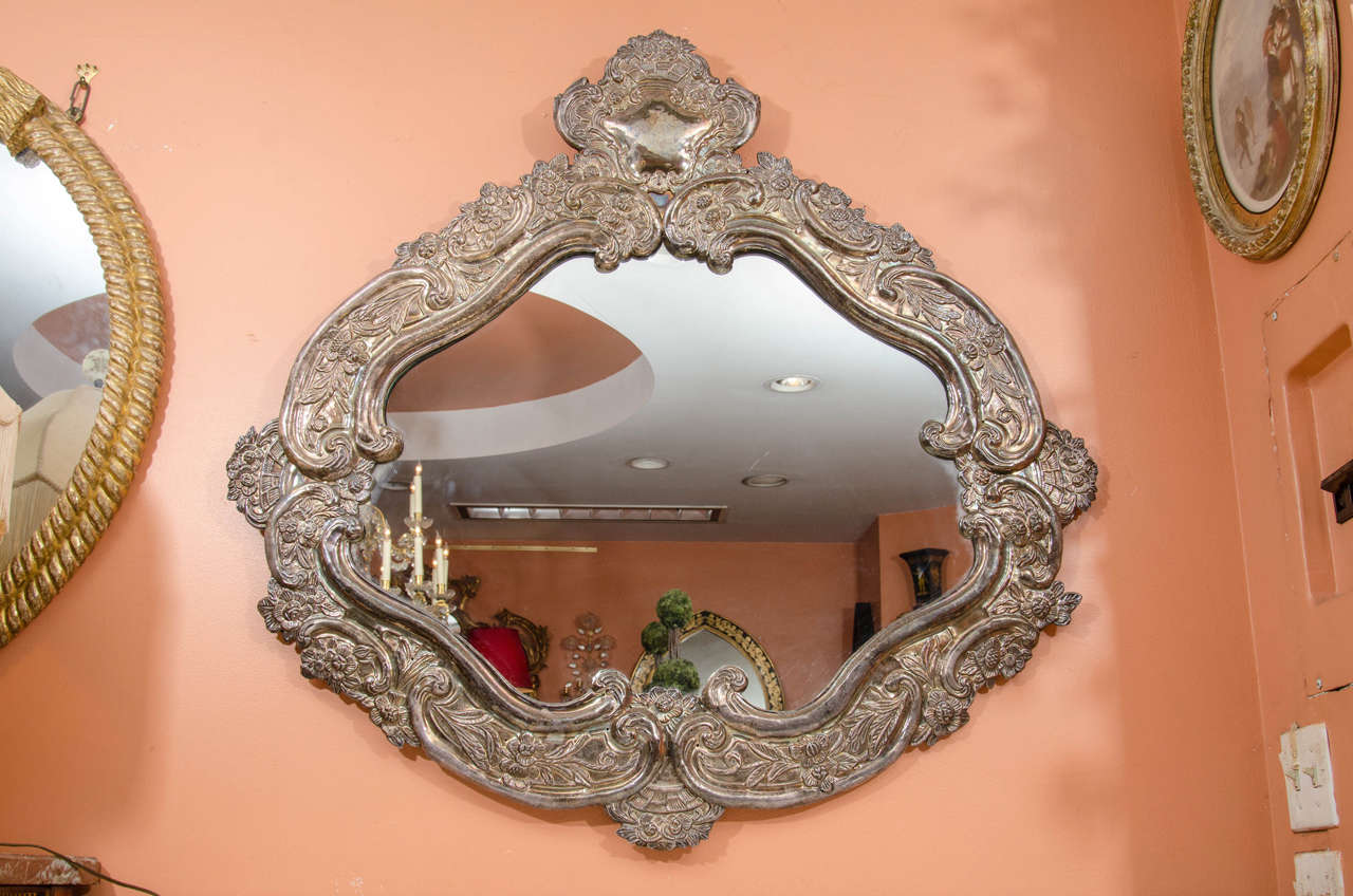 Pair of Colonial Silver Plated Repousse Mirrors In Excellent Condition In Westwood, NJ