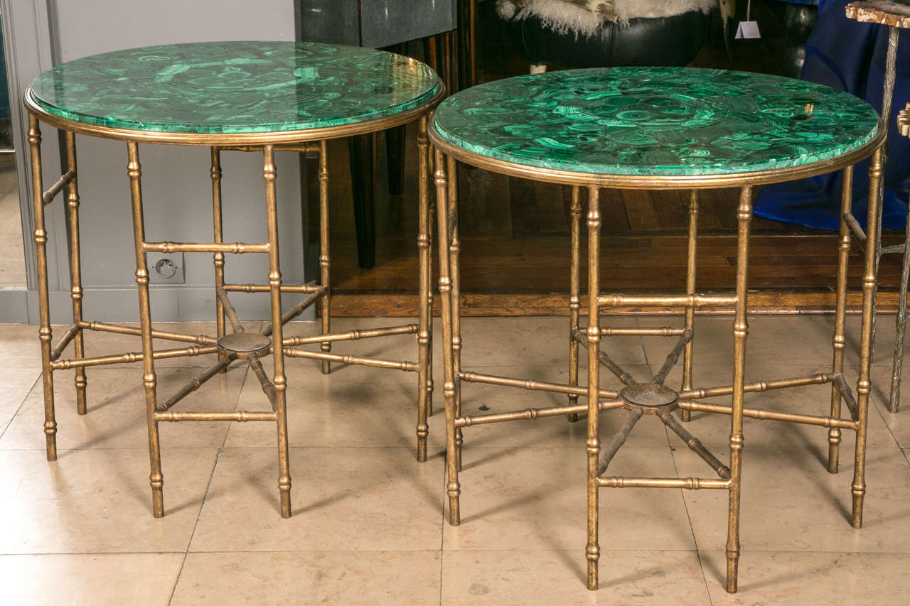 Glamorous pair of bamboo style pedestals, eight feet with cross pieces, malachite top.