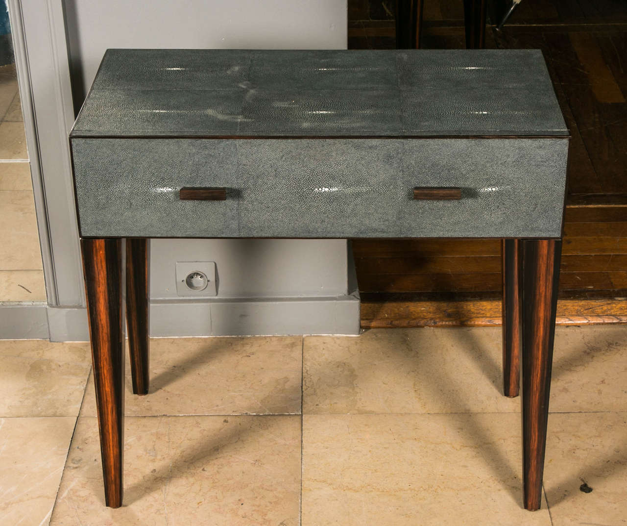 Lovely pair of shagreen bedside tables with one drawer, legs in Macassar ebony.