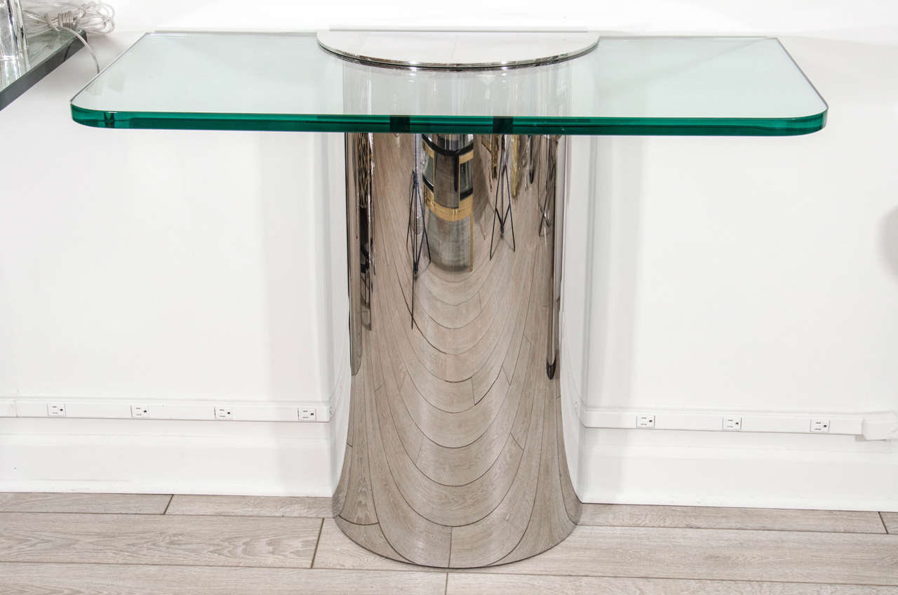Pair of stainless steel demilune console tables with rectangular glass tops by Pace.