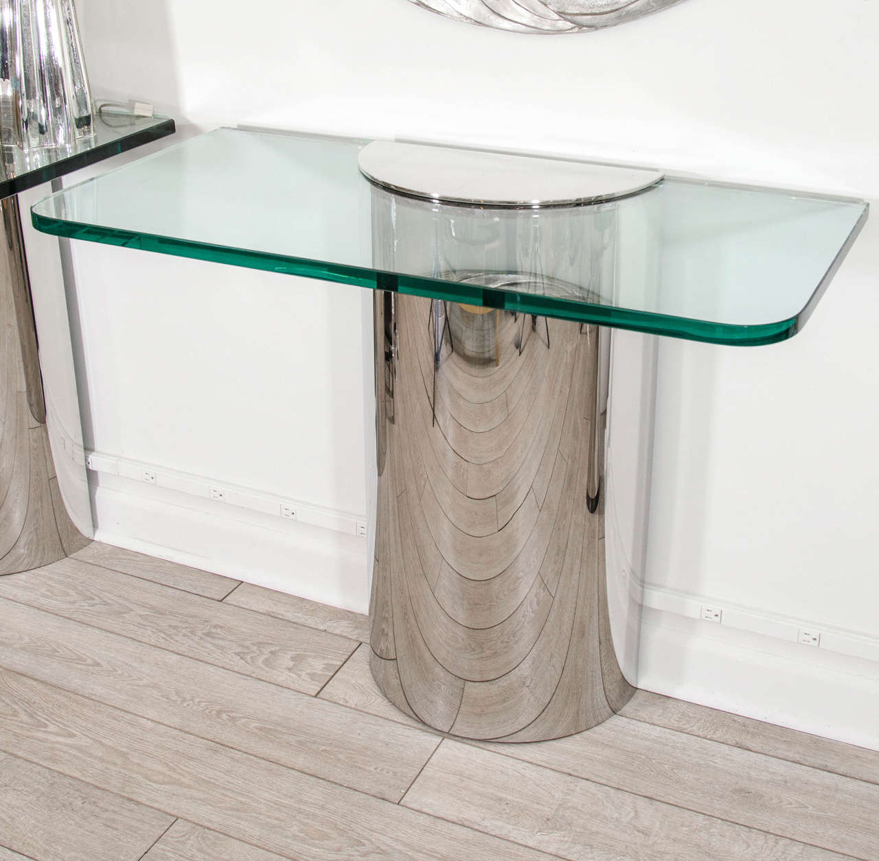 Polished Pair of Stainless Steel Demilune Console Tables