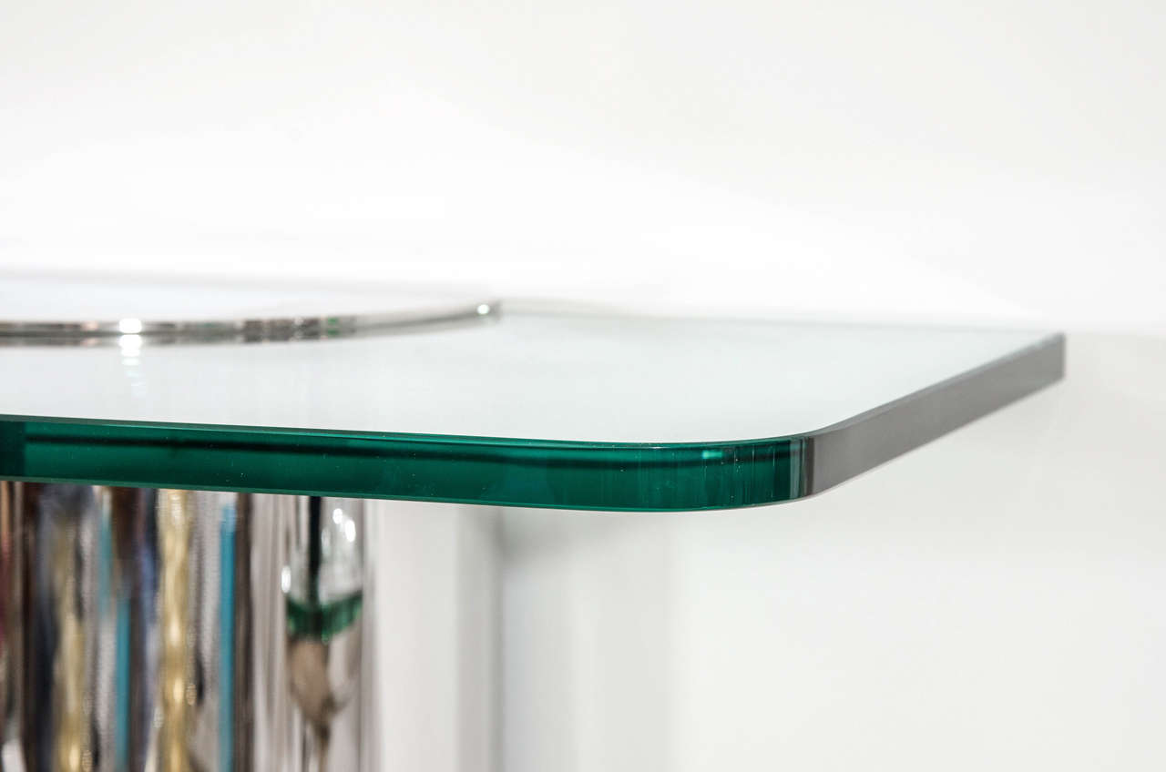 Glass Pair of Stainless Steel Demilune Console Tables