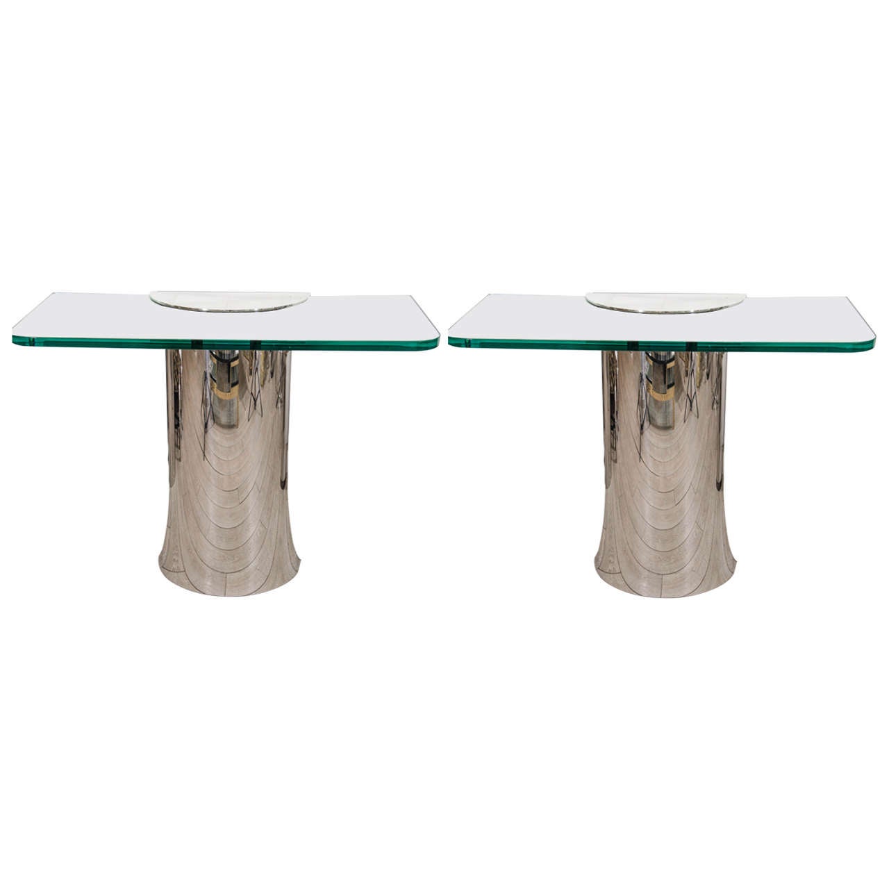 Pair of Stainless Steel Demilune Console Tables