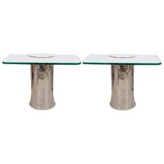 Pair of Stainless Steel Demilune Console Tables