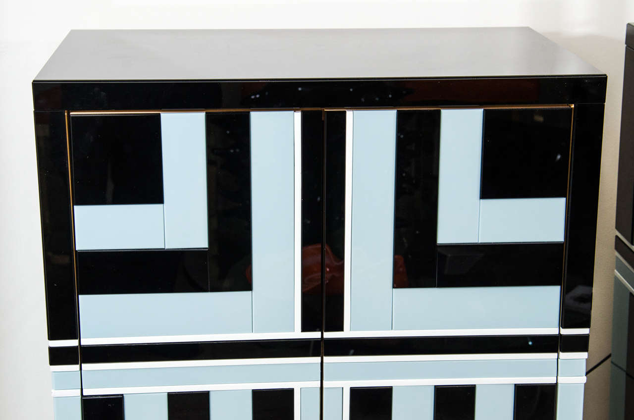 Mid-Century Modern Pair of Cabinets with Geometric Design