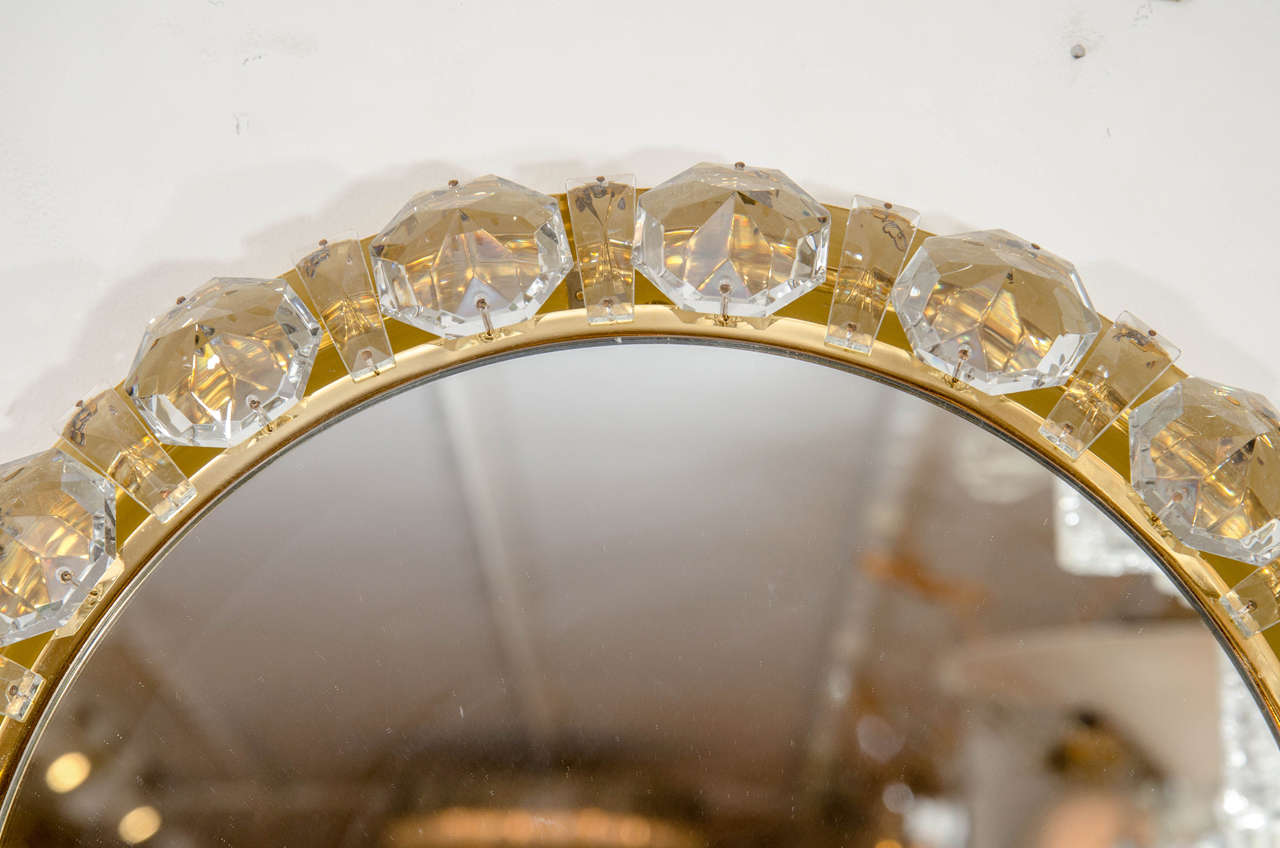 Mid-Century Modern Round Brass Mirror with Facet Cut 