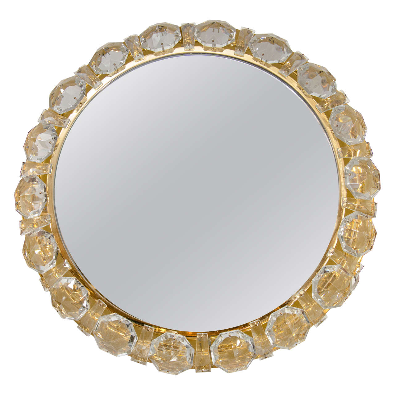 Round Brass Mirror with Facet Cut "Jewel" Elements
