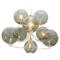 1970s Nine Smoke Globe Chandelier with Silver Plated Frame