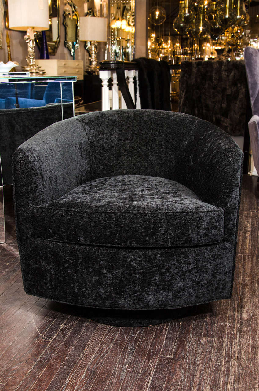 Pair of 1970s Milo Baughman swivel and rocking tub chairs upholstered in black chenille.