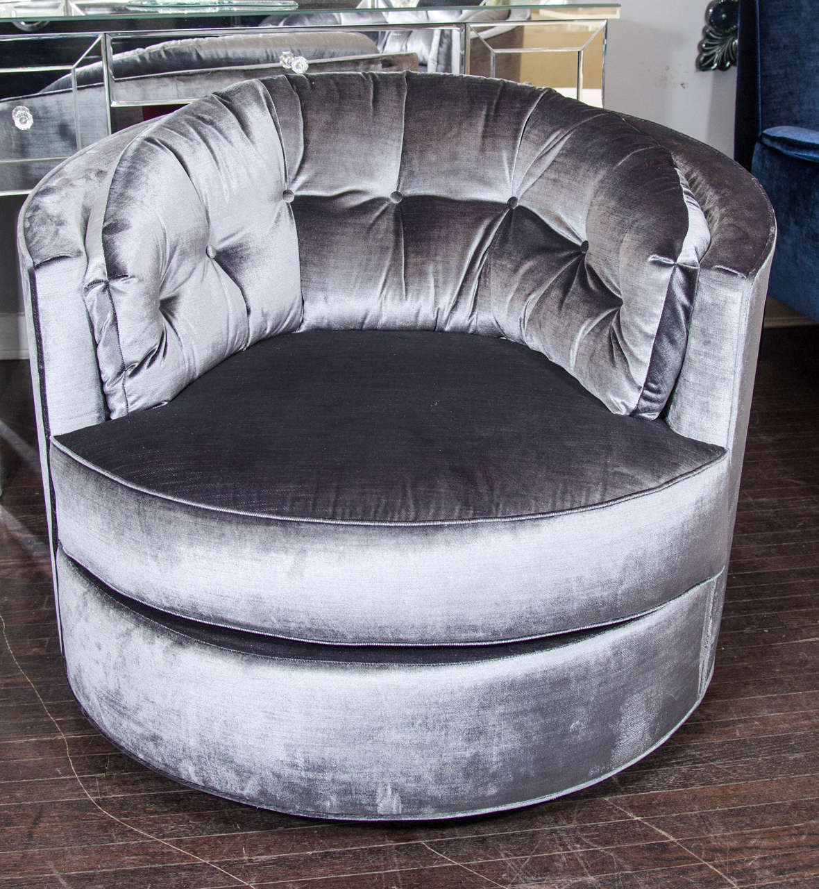 Pair of 1970s Milo Baughman tufted back swivel tub chairs upholstered in grey pane velvet.