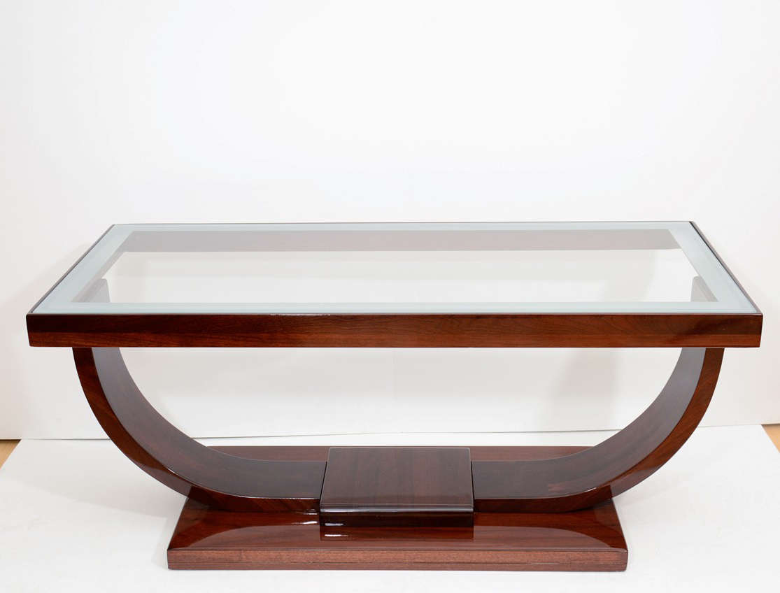 Art Deco Machine Age U-Base Coffee Table made of solid walnut, walnut veneer and maple stained.