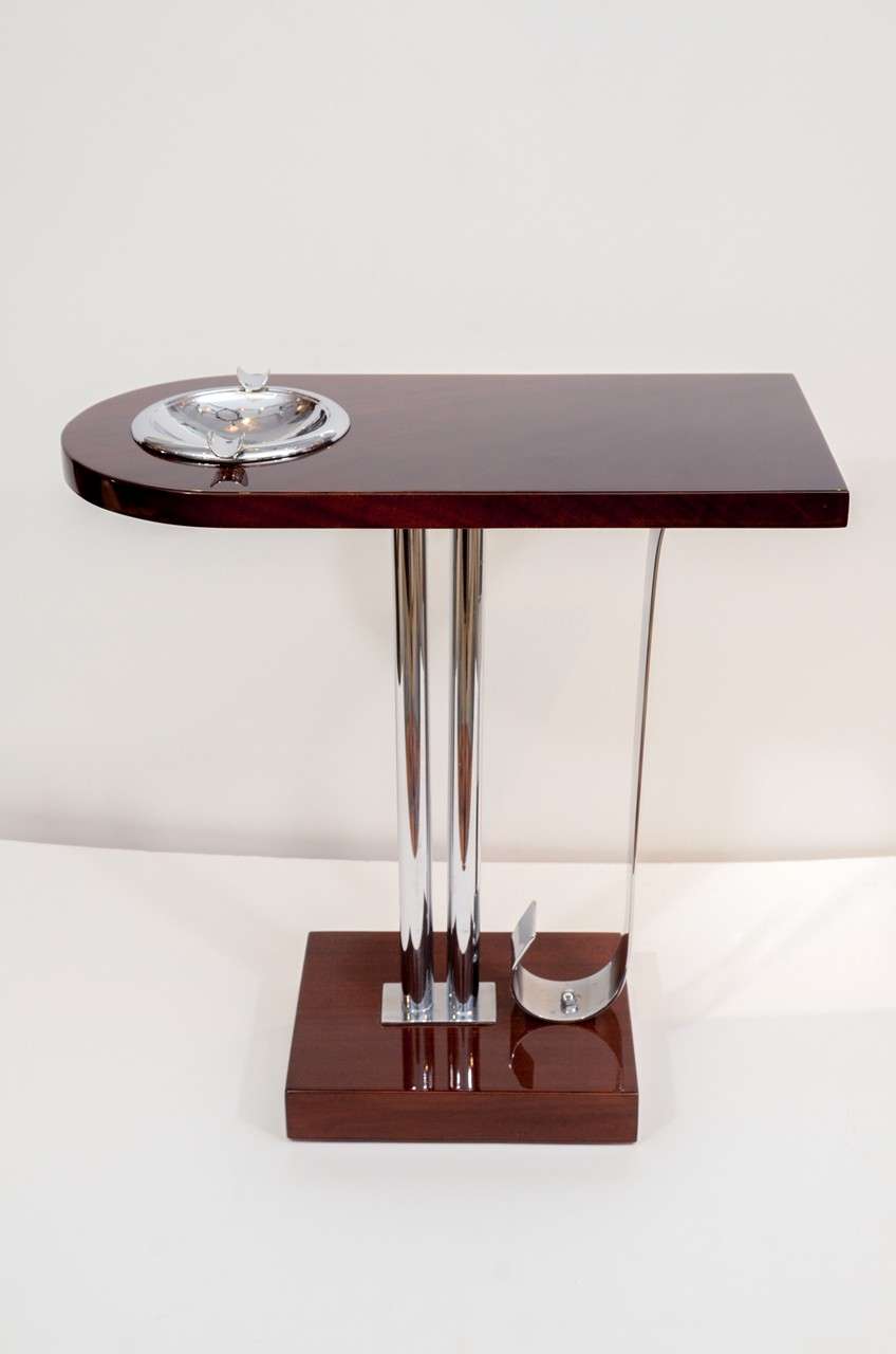 Art Deco Machine Age Ashtray Side Table made of mahogany and polished chrome. Ash tray is removable. Designed by Charles Hardy for Belmet Products, NY. Hardy was awarded Design Patent # 101,037 in 1936.