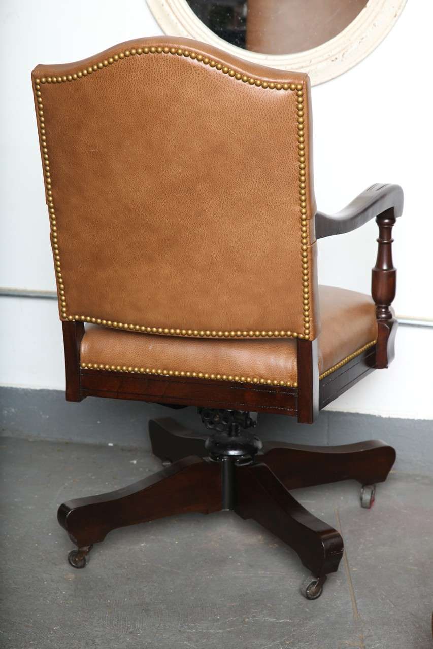Antique Classic Swivel Desk Leather armchair with casters c.1912 2
