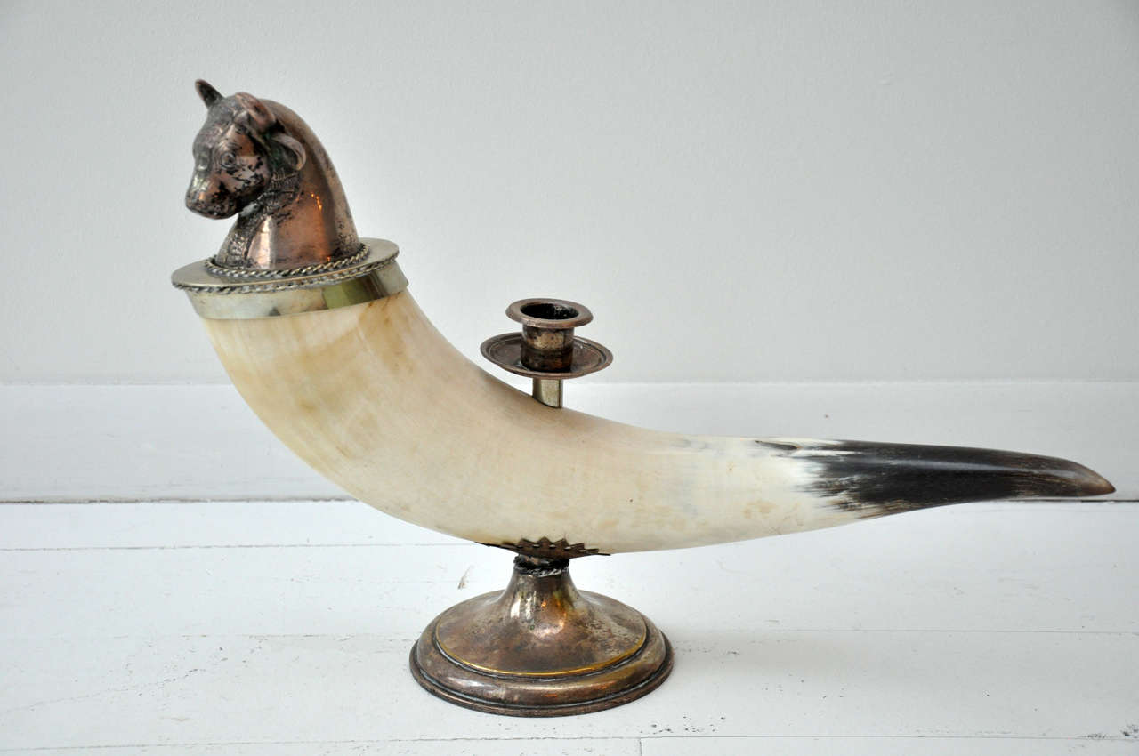 Antique Silver and  Bull Horn Candlestick