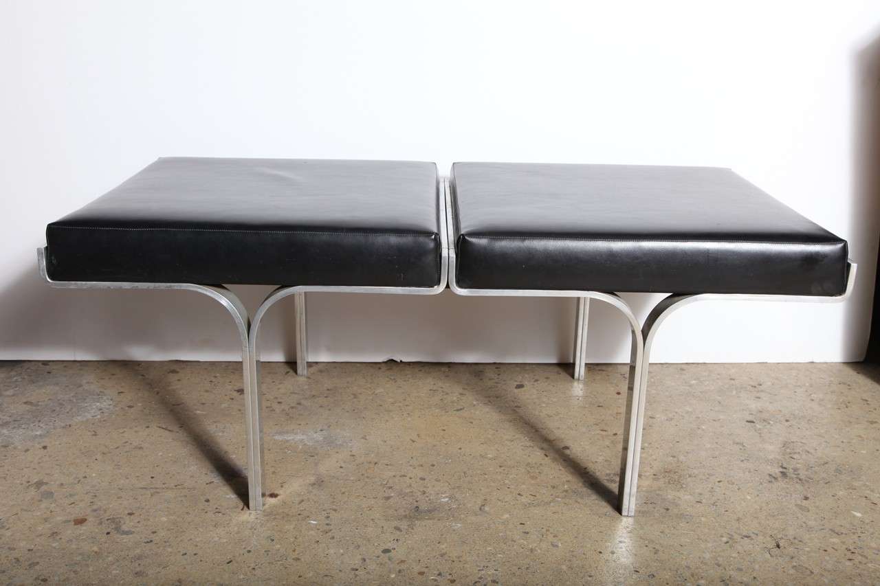John Behringer for JD Design 2 seater  Link Bench on polished Aluminum frame with Black vinyl upholstery.  Complete with attached JG Furniture label.  Great for small space - also good for Ottoman or Coffee Table use