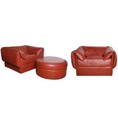 pair of Gerard Van Der Berg Leather Chairs and Ottoman