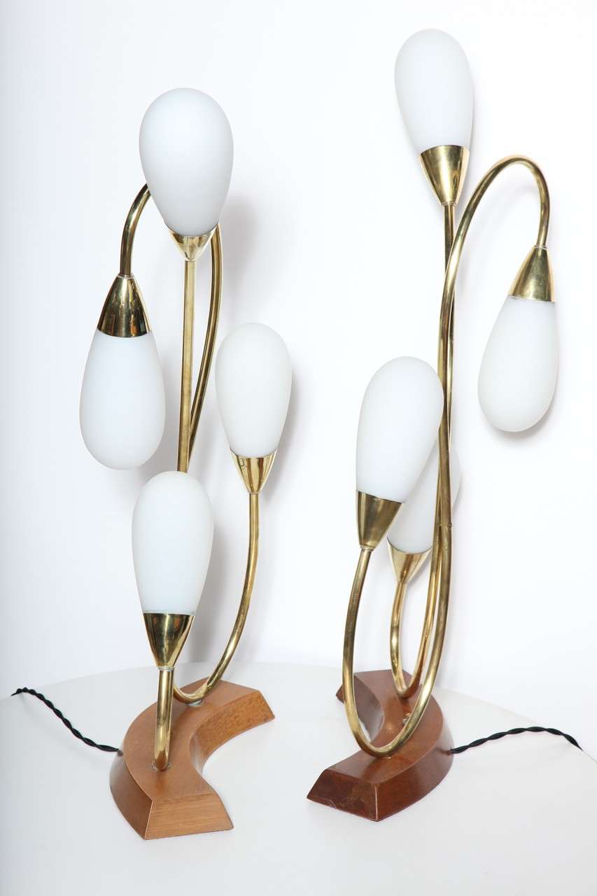 Art Nouveau inspired Mid Century Brass mounted Mahogany Lamps with Frosted Glass Shades, 1960's. Featuring a botanical, curving vine like Brass stem designs, four bud like White Frosted Teardrop Glass Shades per lamp on semi circular bleached