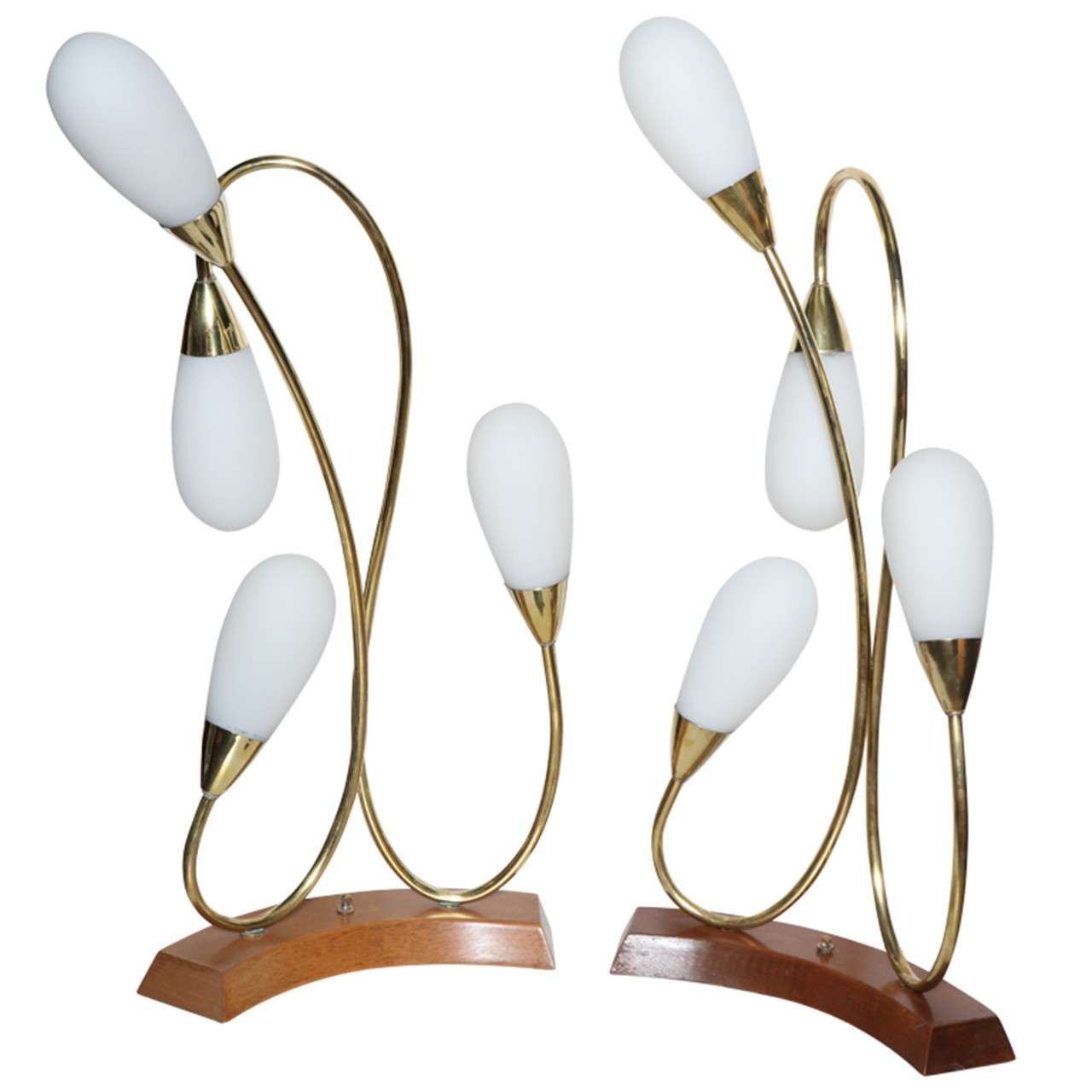 Pair of Curved Mahogany & Brass Lamps with Four White Glass Teardrop Shades For Sale