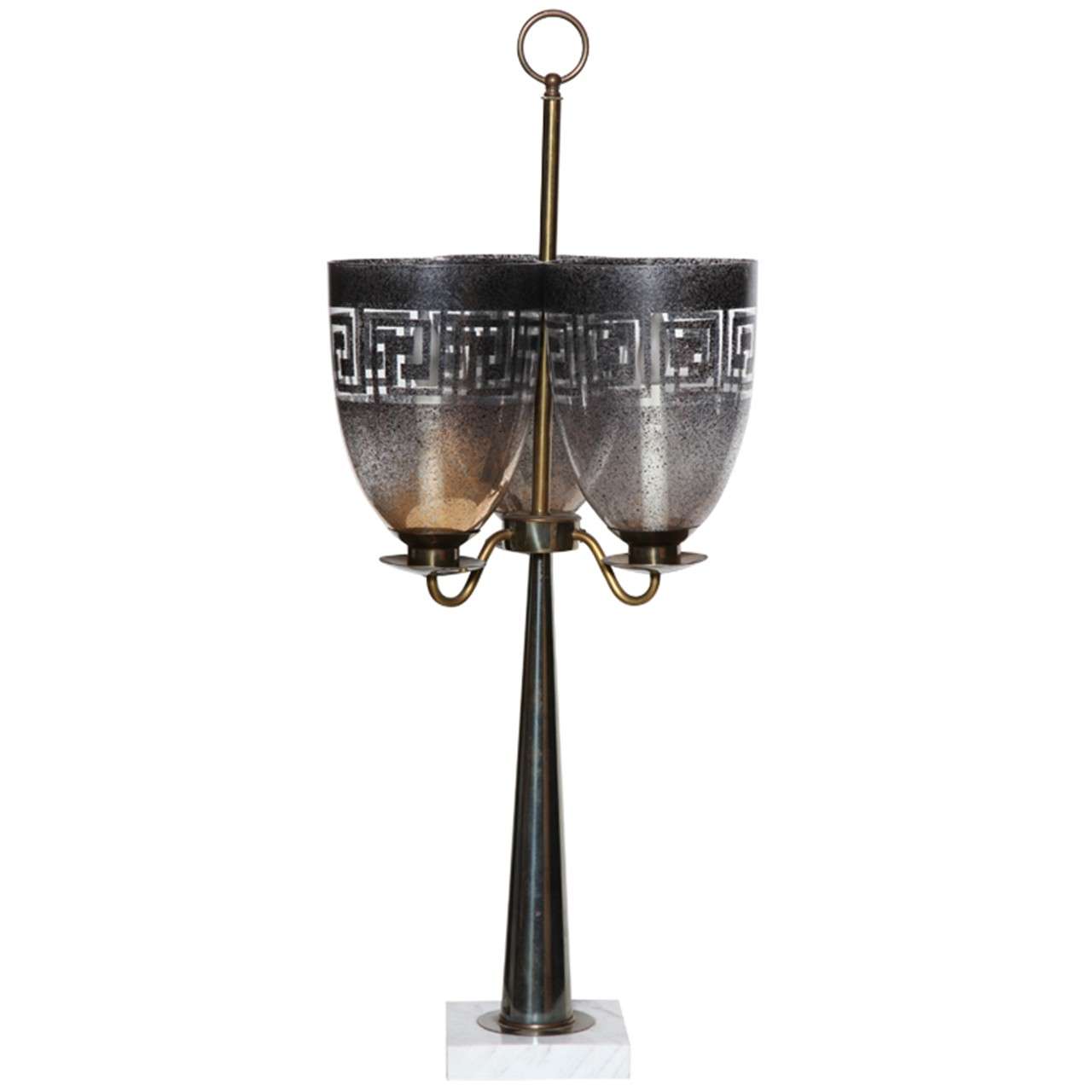 Stiffel Triple Shade Greek Key Hurricane Lamp With Brasarble Stiffel Triple Shade Greek Key Hurricane Lamp With Brasarble 1950s For