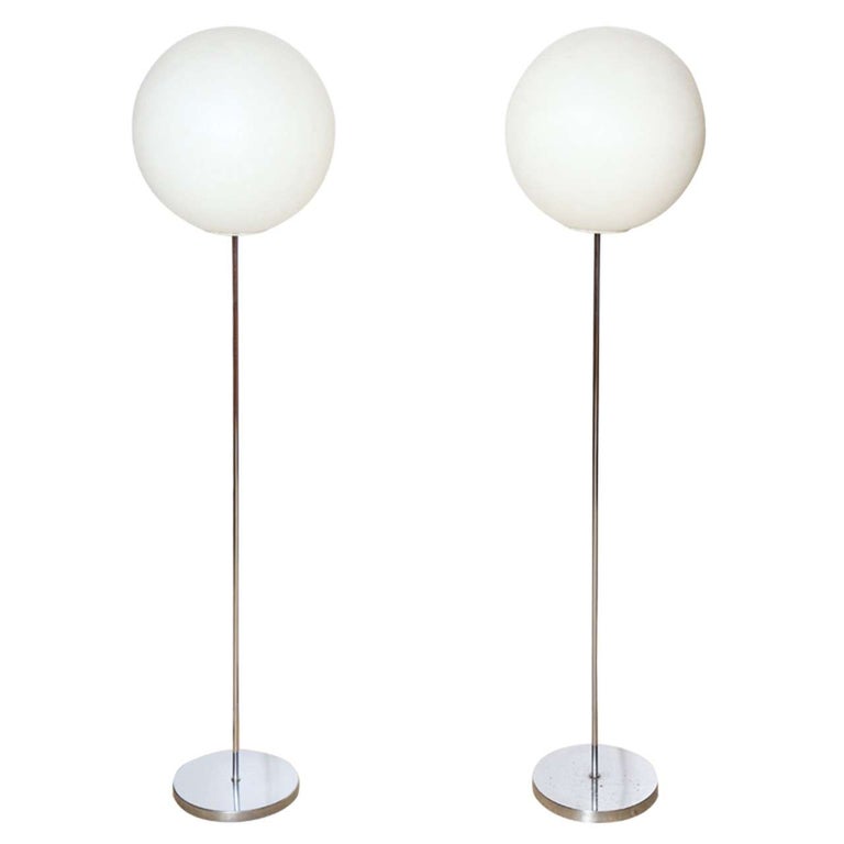 Pair of 1960s Neal Small Chrome and White Polypropylene Globe Floor Lamps