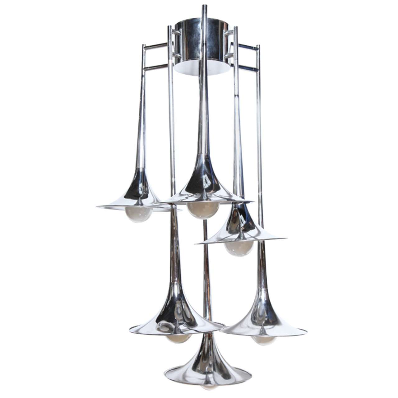 Reggiani Italy Tiered Six Arm "Horn" Chrome Ceiling Lamp, 1970s For Sale