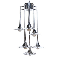 Reggiani Italy Tiered Six Arm "Horn" Chrome Ceiling Lamp, 1970s
